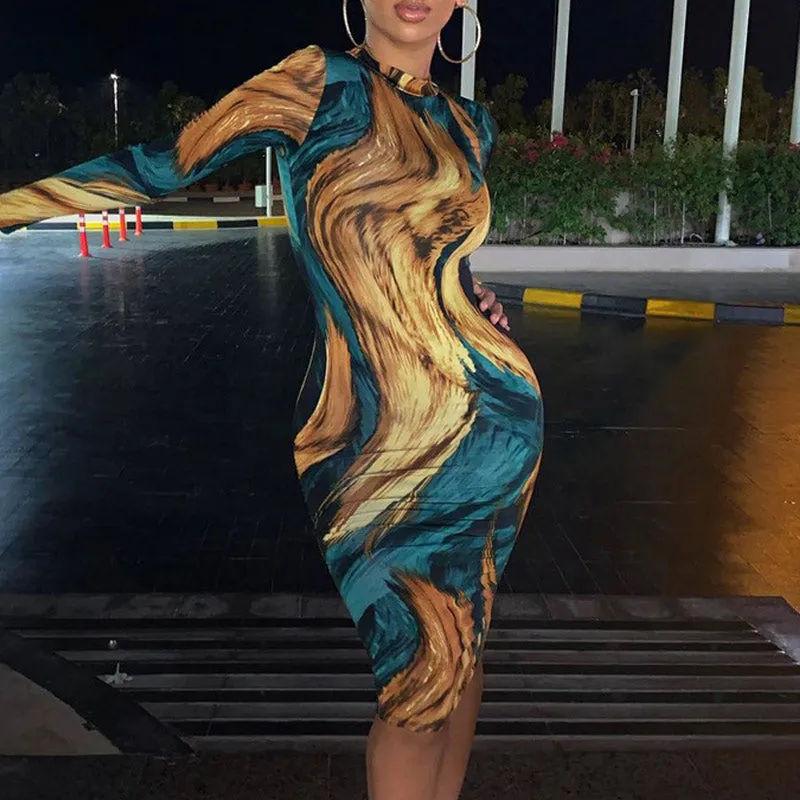 Colorblock Tie Dye Print Long Sleeve Bodycon Dress