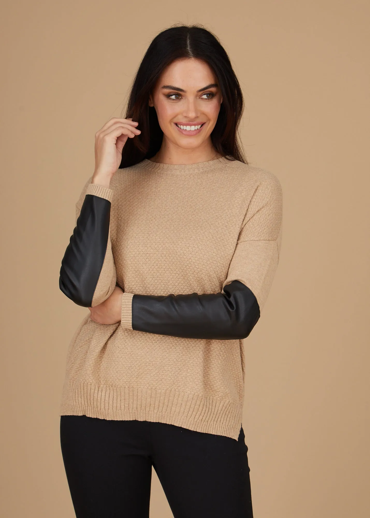 Crewneck Sweater - Leather Trim: FINAL SALE