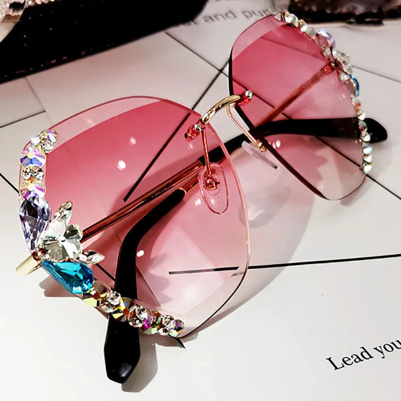 Gradient Color Studded Rimless Sunglasses