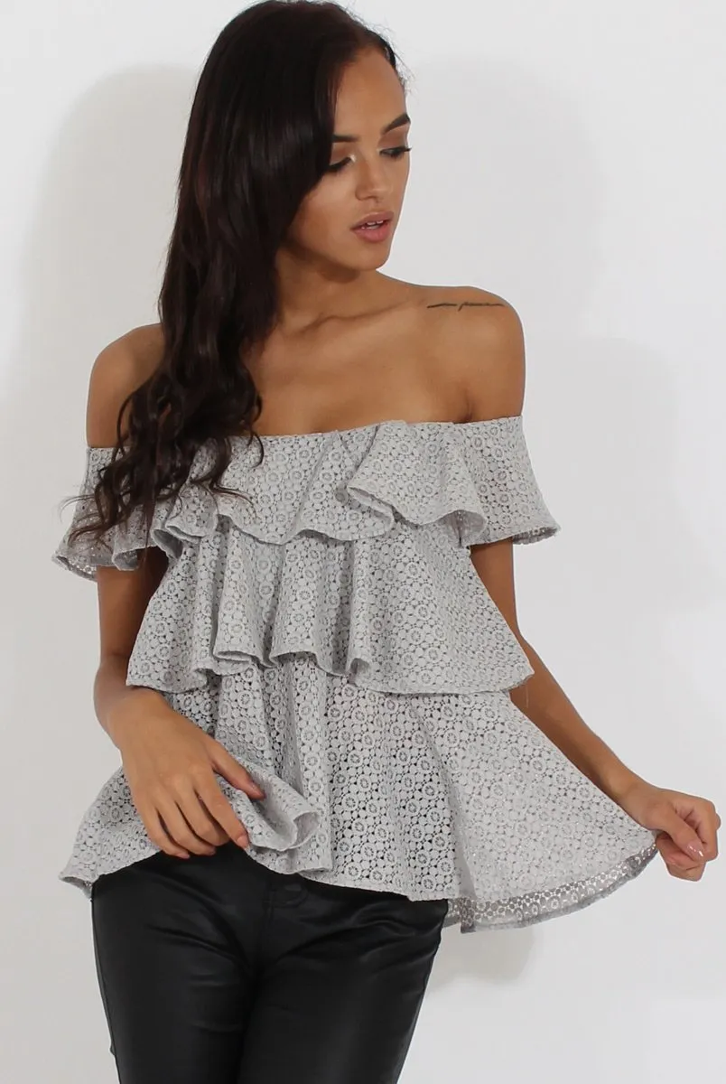 Grey Off the Shoulder Lace Frill Top - Larisa