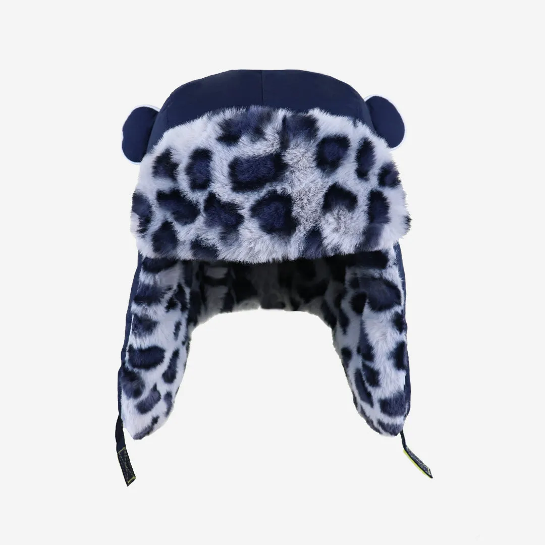 Kids Arctic Cub Hat: Navy with Leopard Fur