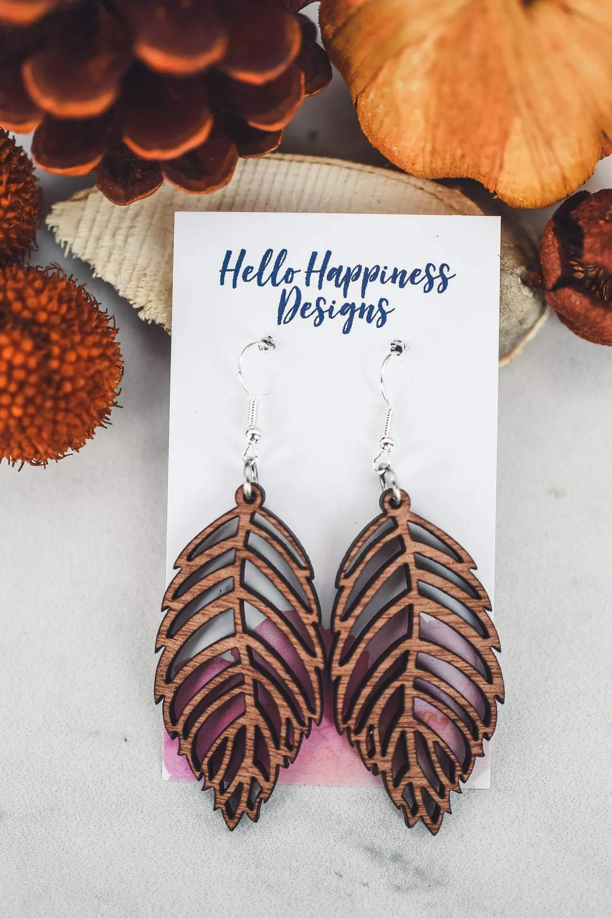 Leaf Cutout Wood Dangle Earrings