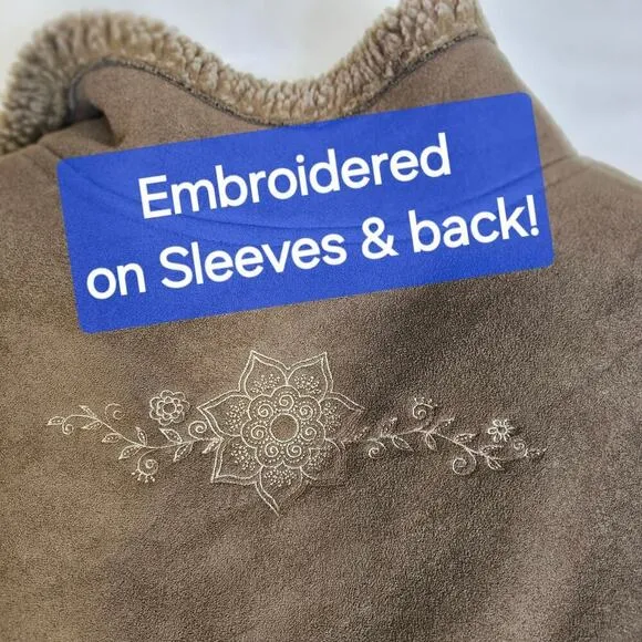 LL Bean Vintage SzM faux suede brown Y2K Floral Embroidered on sleeves n back.
