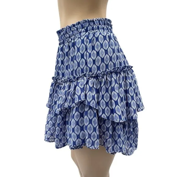 NWT Misa Los Angeles Nahla Blue White Ruffled Mini Skirt Tiered Smocked Waist S