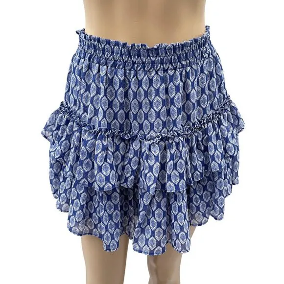 NWT Misa Los Angeles Nahla Blue White Ruffled Mini Skirt Tiered Smocked Waist S