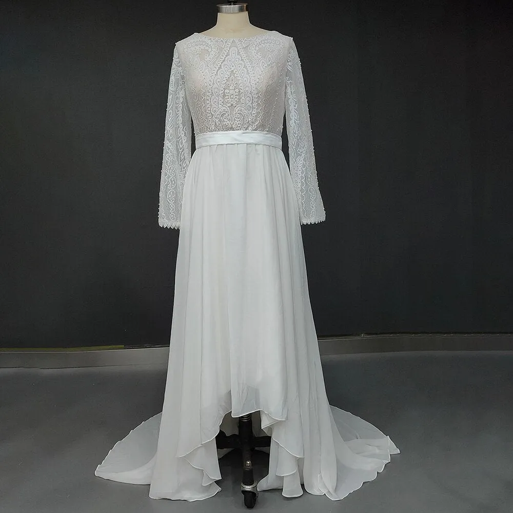 Outdoor Wedding Dress Backless Buttons Up Soft Beach Woodlands Long Sleeves