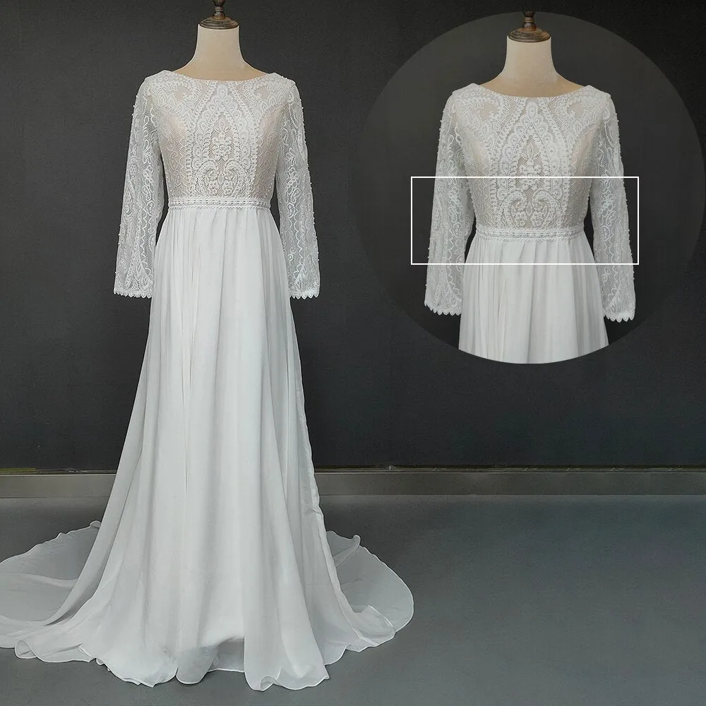 Outdoor Wedding Dress Backless Buttons Up Soft Beach Woodlands Long Sleeves
