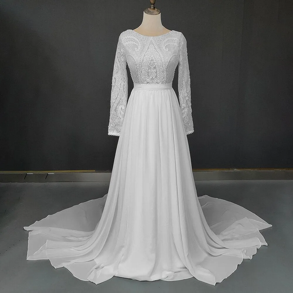 Outdoor Wedding Dress Backless Buttons Up Soft Beach Woodlands Long Sleeves
