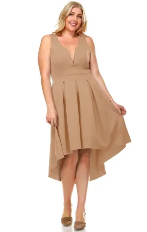 Plus Size Pleated Midi Cocktail Dress with Empire Waist Mocha