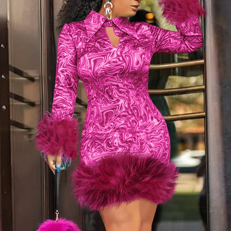 Print Long Sleeve Feather Detail Bodycon Dress