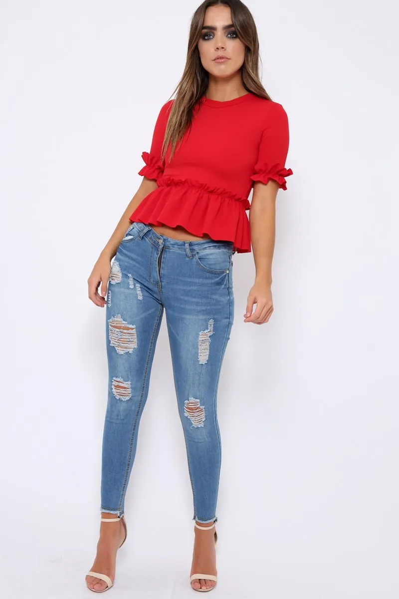Red Peplum Frill Detail Top - Carly