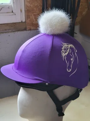 Riding hat, scull cap, Champion 57-58cm (7-7 1/8) Black with New horse design purple hat silk white pom pom