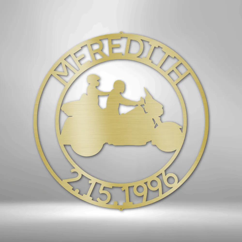 Riding Together Motorcycle Couple Round Metal Sign
