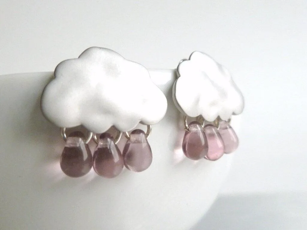Silver Rain Cloud Earrings, .925 sterling silver post, purple rain earring, raindrop earring, silver cloud stud, storm earring, sky earring