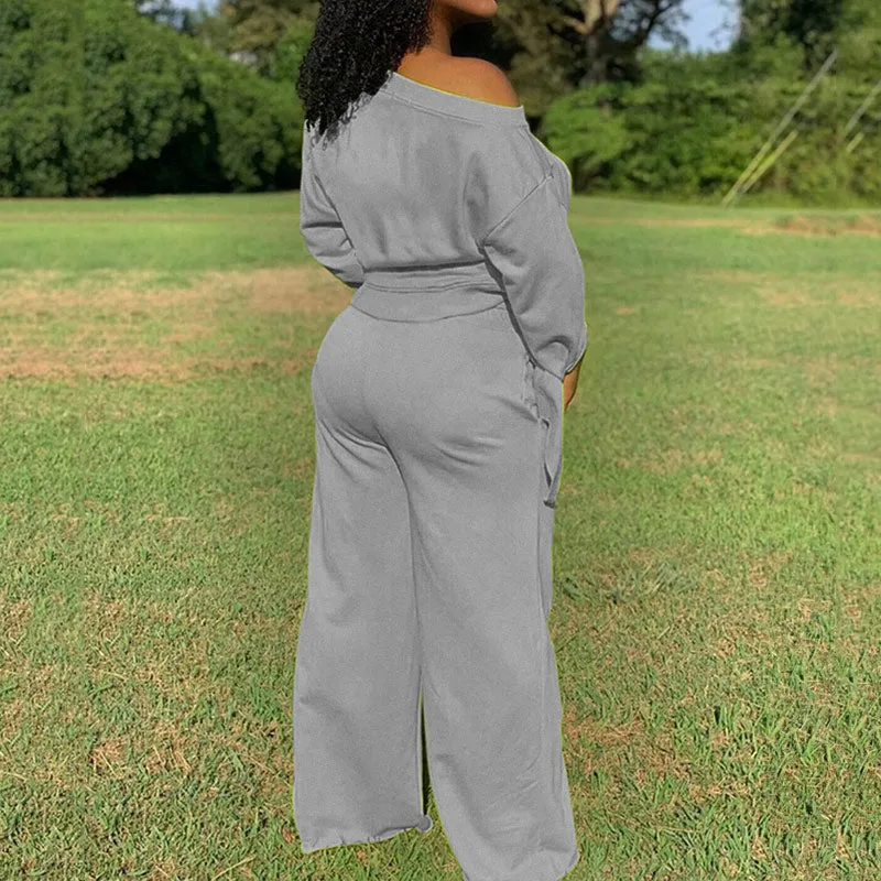 Solid One Shoulder Long Sleeve Pants Set