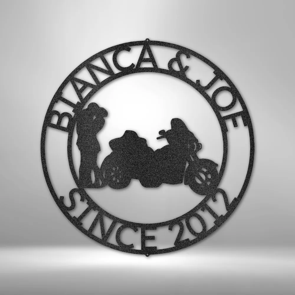 Trike Couple Motorcycle Round Metal Sign