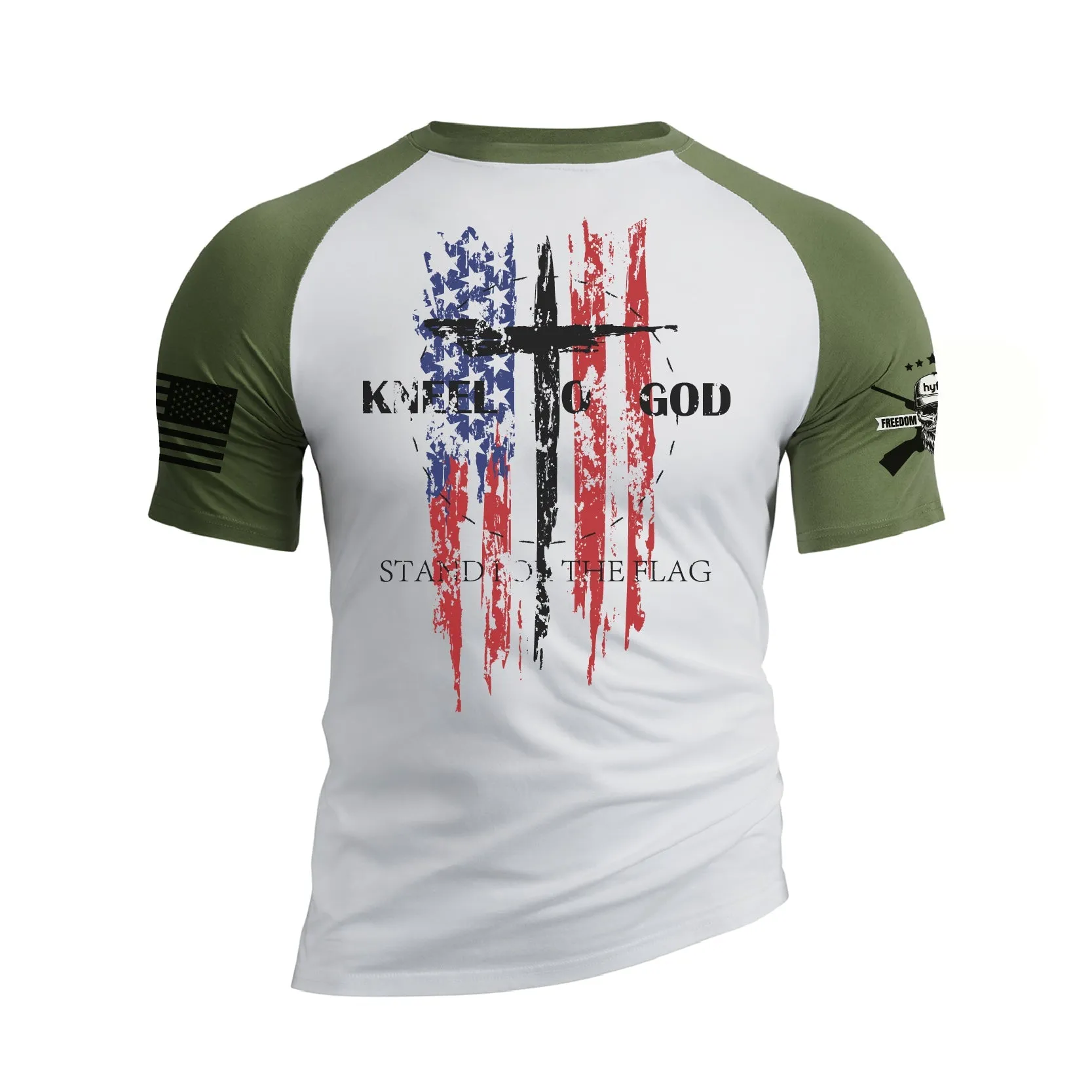 USA FLAG CROSS KNEEL TO GOD RAGLAN GRAPHIC TEE