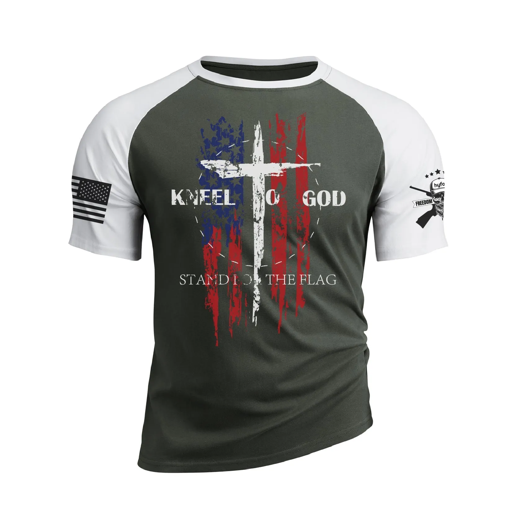 USA FLAG CROSS KNEEL TO GOD RAGLAN GRAPHIC TEE