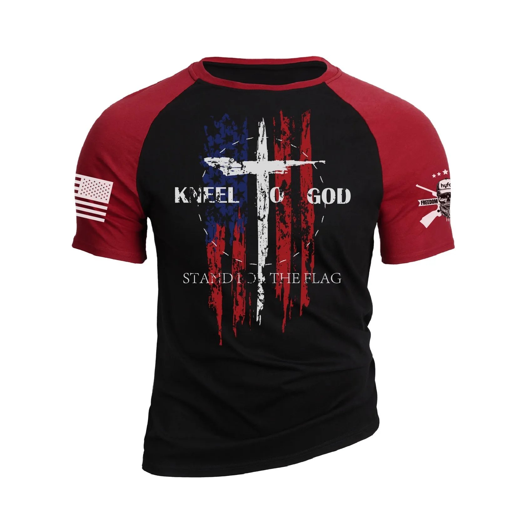 USA FLAG CROSS KNEEL TO GOD RAGLAN GRAPHIC TEE