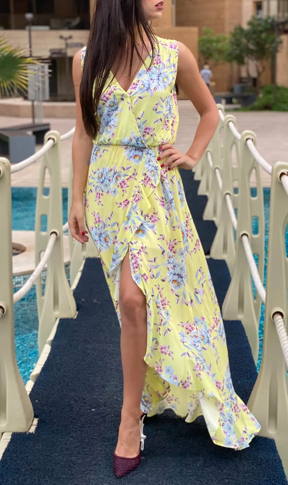Yellow Floral Print Open Leg Maxi Dress